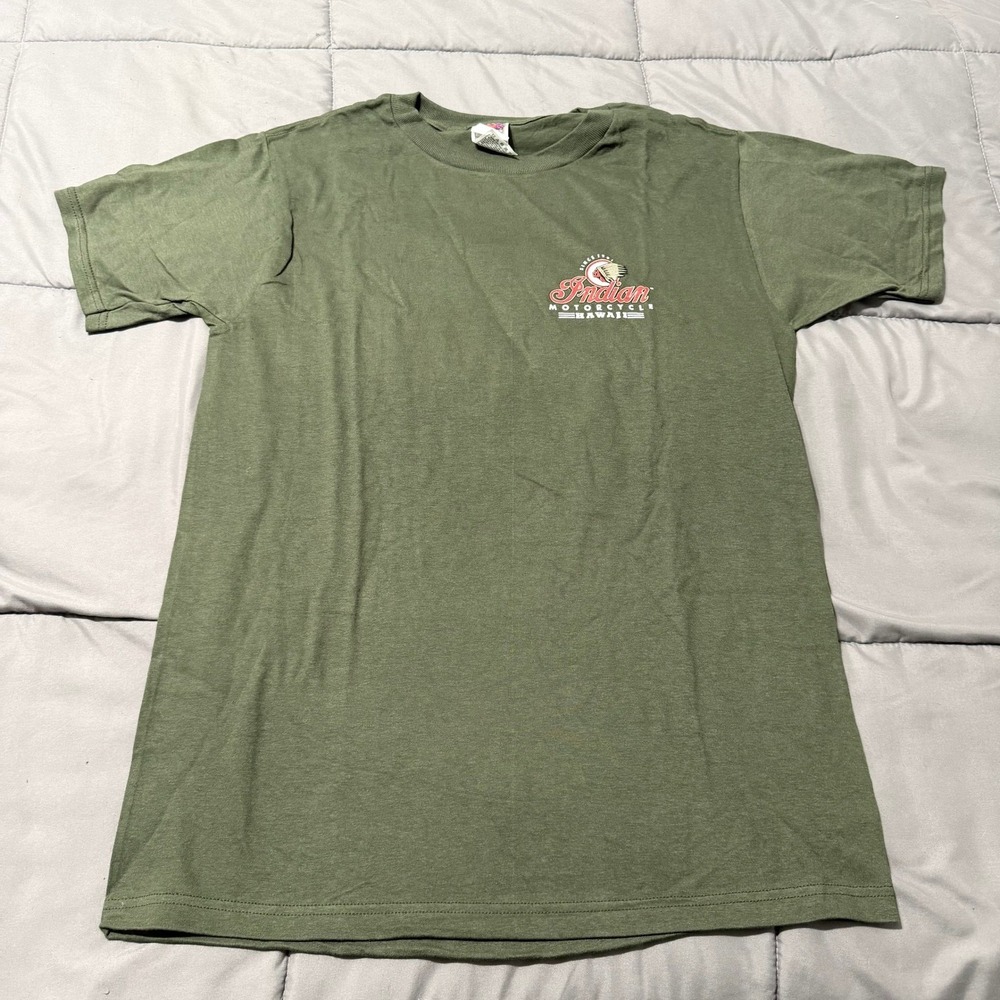 Vtg Indian Motorcycle Hawaii T Shirt Mens M OD Green Pinup Hula Girl Cotton